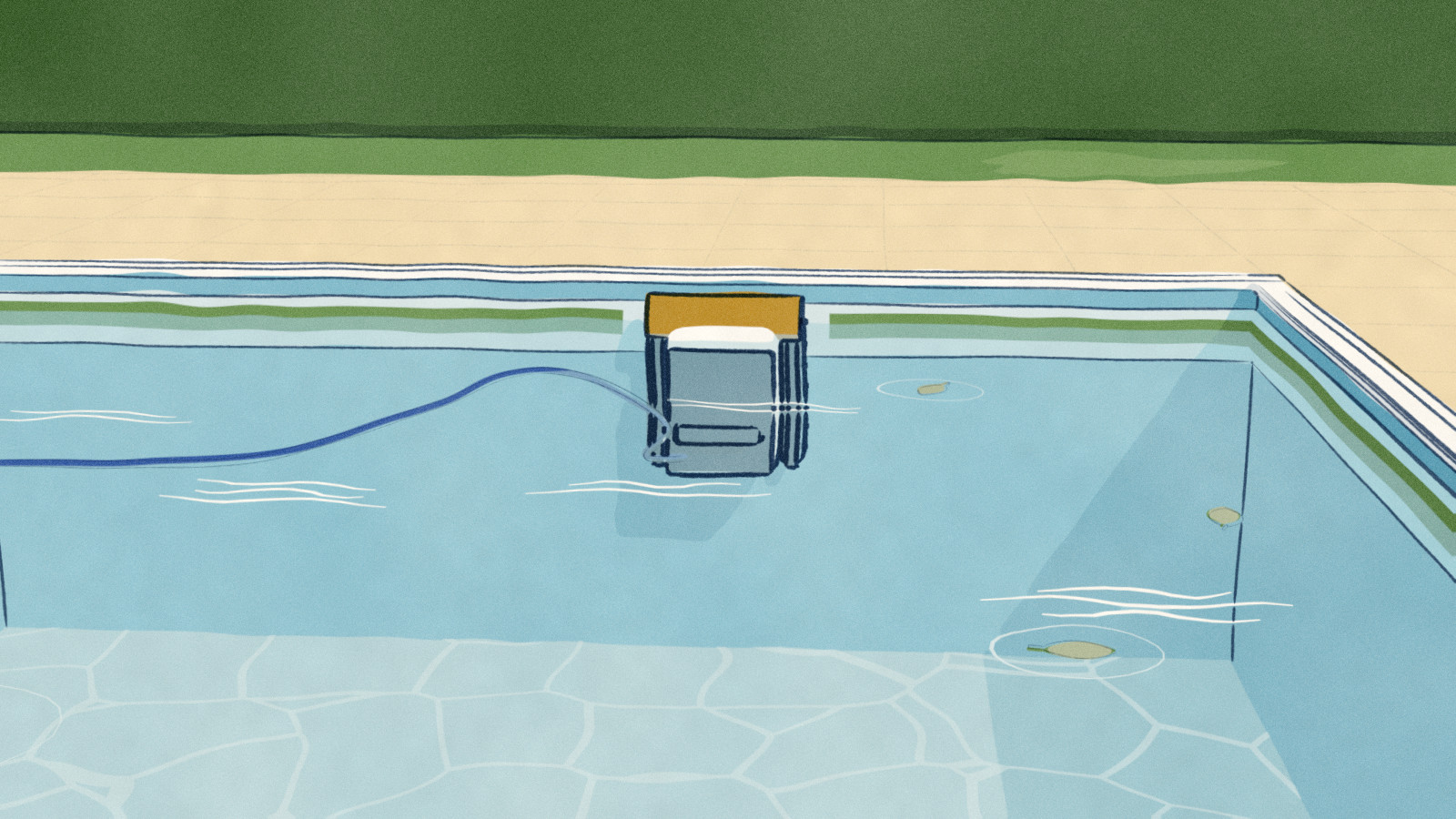 A grey-green line of algae rings a pool at the waterline; on the far wall a pool robot has climbed to the surface and scrubbed one short stretch of tile clean.