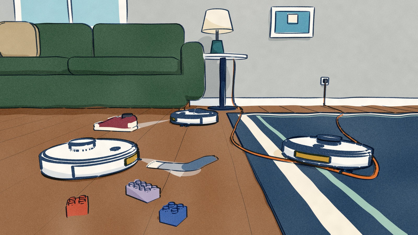 Three white robot vacuums cross a family-room floor: one steers toward a dropped sock, one toward a sneaker, each with a pale fan of light from its front sensor, and the third, out on the rug, has driven onto the floor lamp's cord.