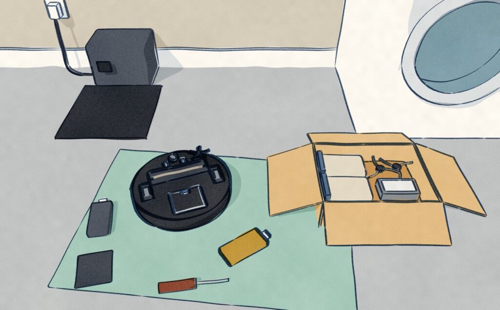 In a utility room, a slim black robot vacuum lies upside down on a towel with its battery bay open; the worn battery and the bay cover lie beside it, and a new battery has come out of an open parts box that also holds dust bags, side brushes and a filter.
