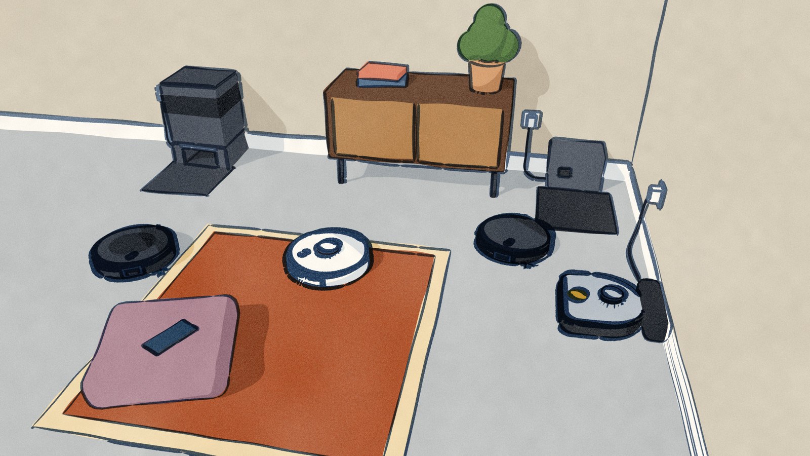 In a living room, three robot vacuums are out on a scheduled run, two of them just away from their docks, while a fourth, D-shaped robot waits on its charging base by the right-hand wall; a phone lies on a floor cushion.