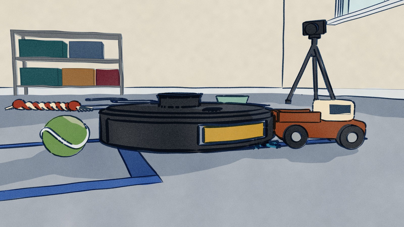 At floor level on a reviewer's taped obstacle course, a black Dreame D30 Ultra shoves a toy truck off its square of tape, a rope toy it knocked aside behind it and more course objects still on their marks.