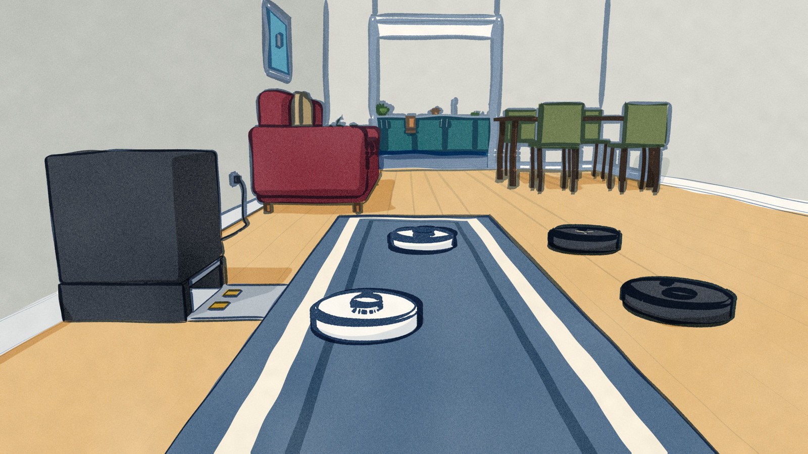 Four robot vacuums are out working across a long open-plan floor that runs on to a dining table and a far kitchen, while an empty black charging dock waits against the wall in the foreground.
