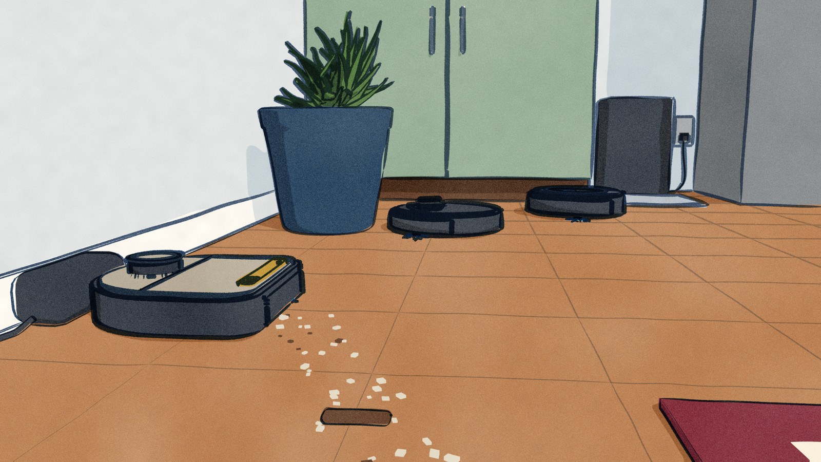 On a kitchen floor at breakfast time, an older Neato robot vacuum with a taupe lid still sits on its charging base beside a scatter of crumbs, while two other robot vacuums are already out cleaning across the tiles.
