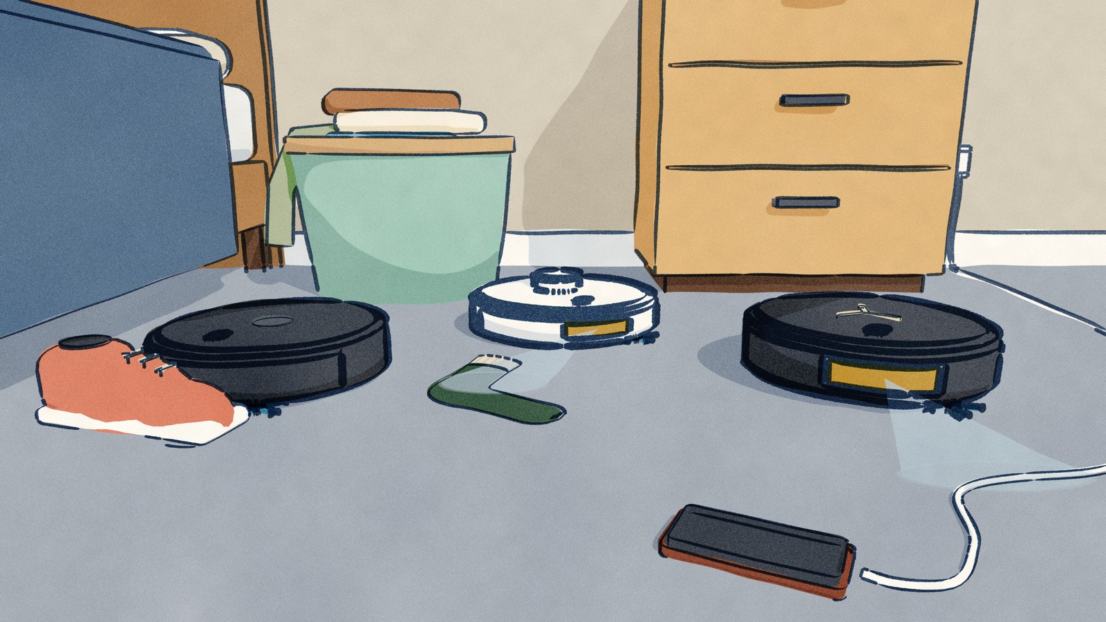 On a bedroom floor, the black Roomba 694 has driven its bumper into a kicked-off sneaker by the bed, while the white Roborock Qrevo MaxV turns short of a dropped sock and the black Deebot X9 Pro Omni meets a phone charging cable, each lighting its object with a pale fan from its front camera window.