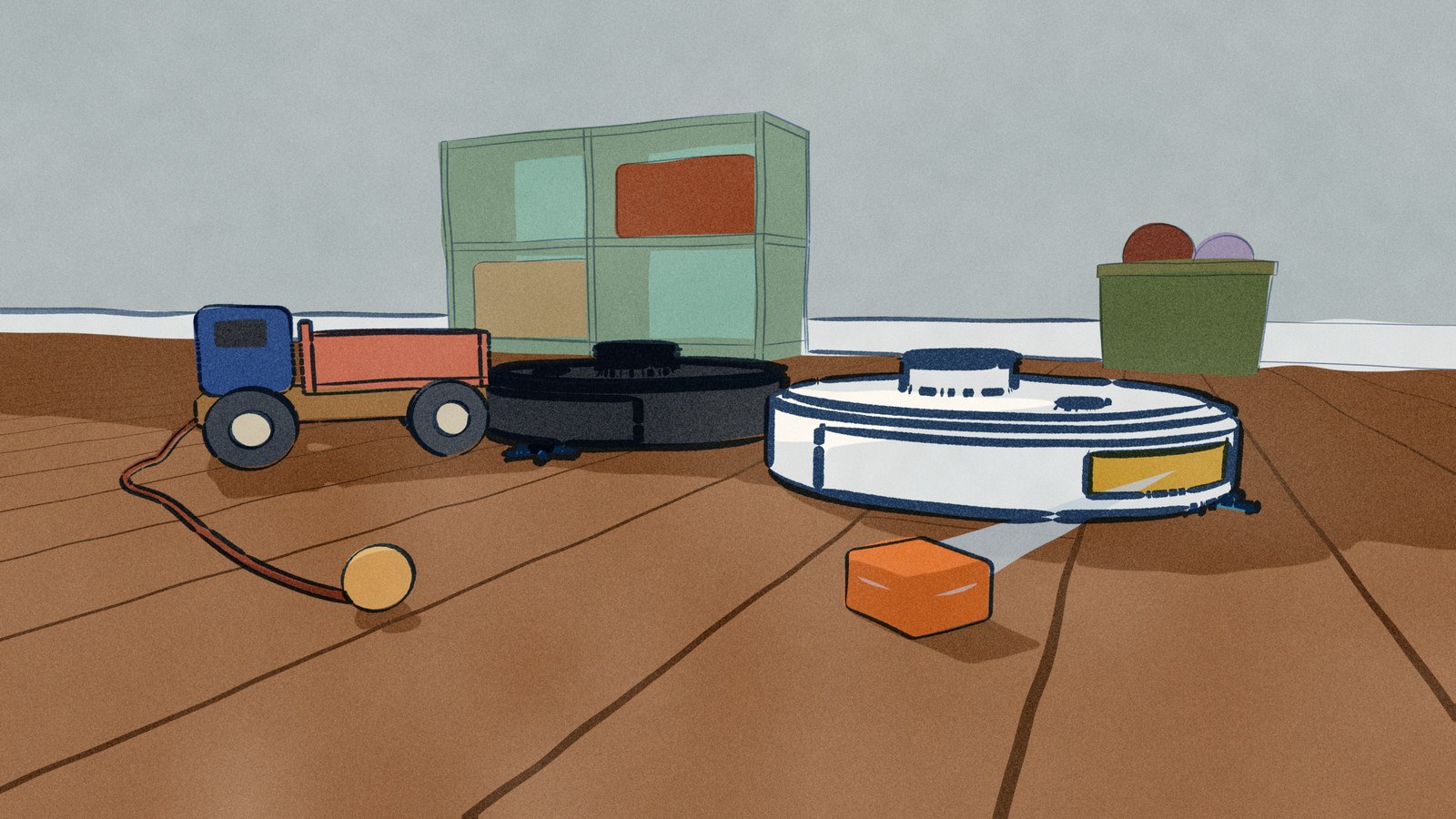 On a playroom floor, the black Roborock Q7 L5, which has no camera, has driven its bumper into a wooden toy dump truck and is pushing it along, while beyond it the white Roborock Qrevo MaxV lights a small toy block with a pale fan from its front camera window and turns before it touches it.