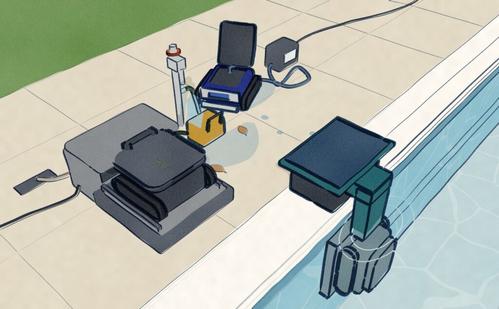 Up on a pool deck after a run: one robot sits on its rinse station, plumbed to a garden tap, while a corded robot stands dripping on the deck with its lid open and its filter canister out under the running tap.