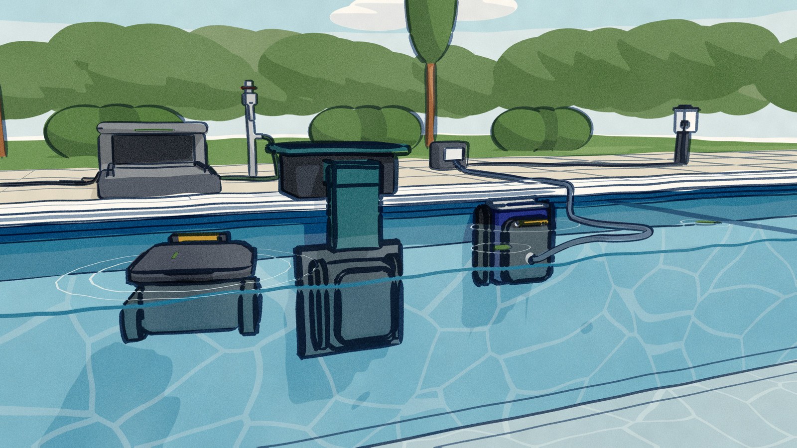 A pool wall seen from the water at the end of a run: one robot sits docked on the wall under the water below its bin on the deck, a corded robot waits at the waterline with its handle out of the water, and a third floats at the surface below its empty rinse station on the deck.