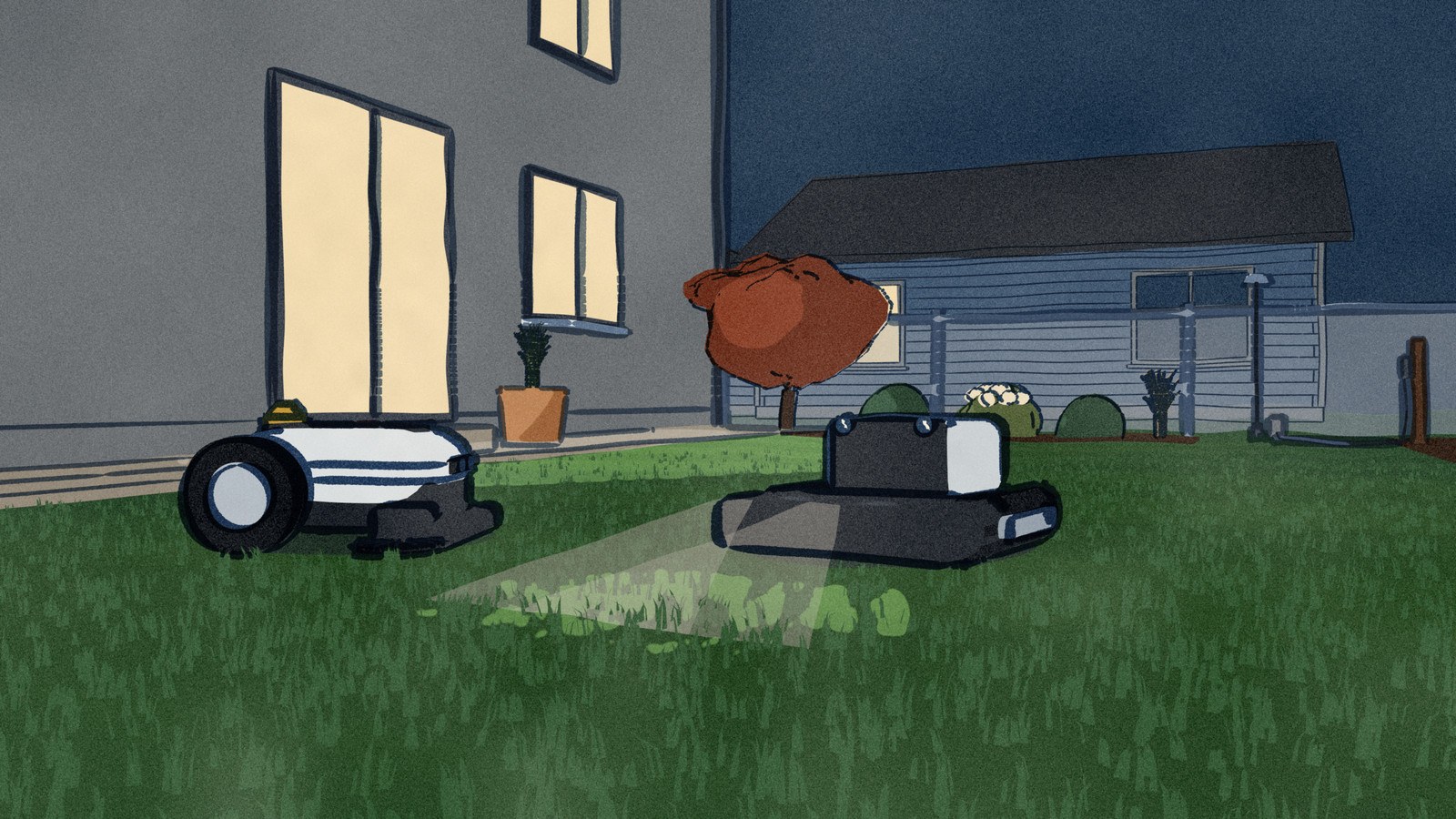 At nightfall in a narrow back garden, the black tracked Lymow One Plus mows up the lawn toward us with the two lamps on its camera mast lighting the grass ahead, while the white Ecovacs GOAT mows across the dark lawn steered by the laser dome on its back.