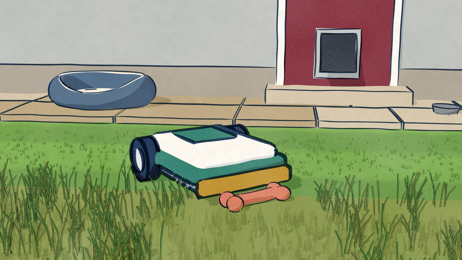 A robot mower rolls out of its mown stripes into long grass behind a house, its front bumper touching a dog's chew bone hidden in the grass, with a dog flap, a dog bed and a water bowl by the back door.
