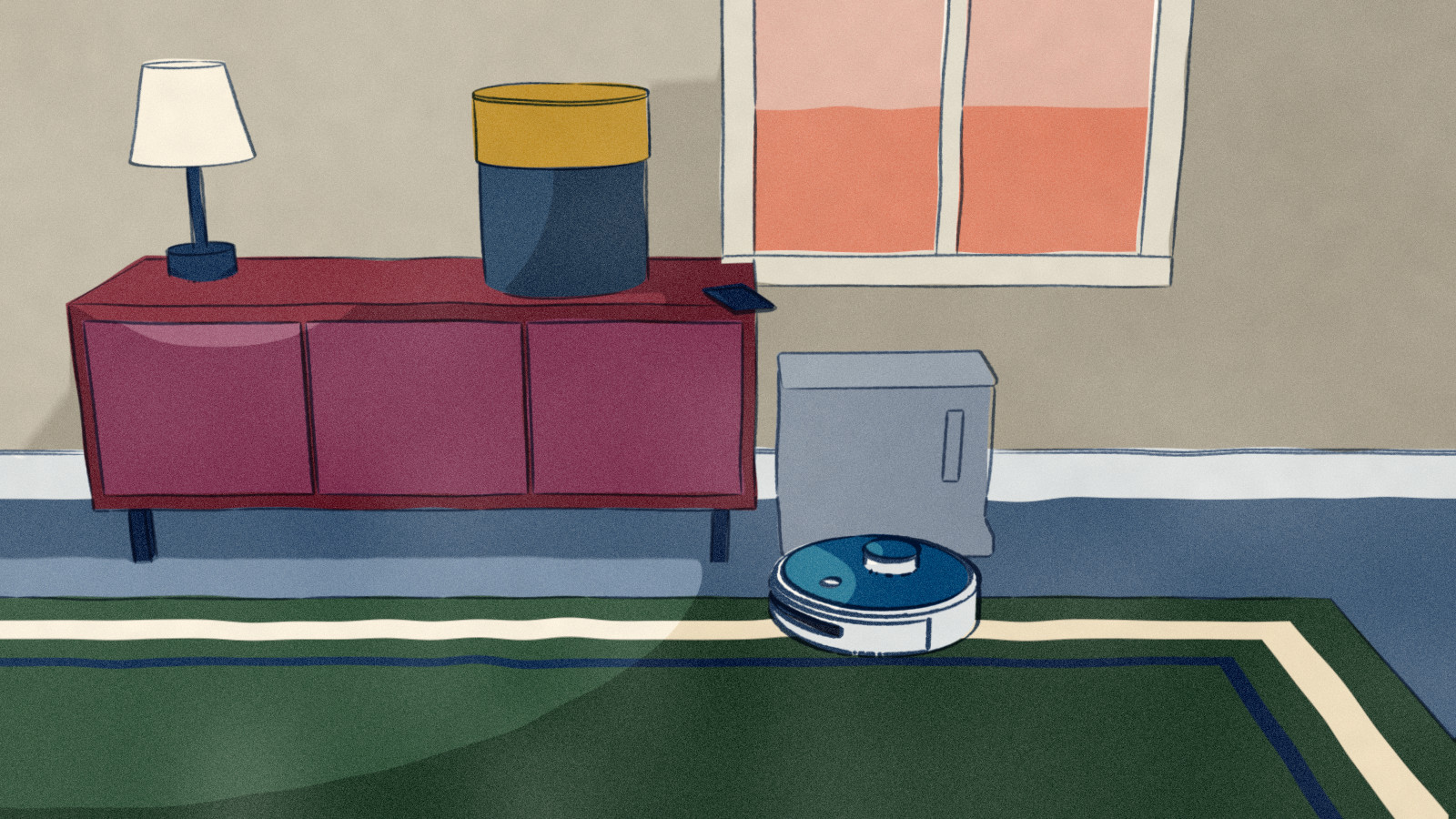 Evening in a living room: a smart speaker on the low console, not made by the robot's maker, has its ring lit after being asked to start the vacuum, and the robot rolls off its dock at the end of the console; a phone lies beside the speaker.