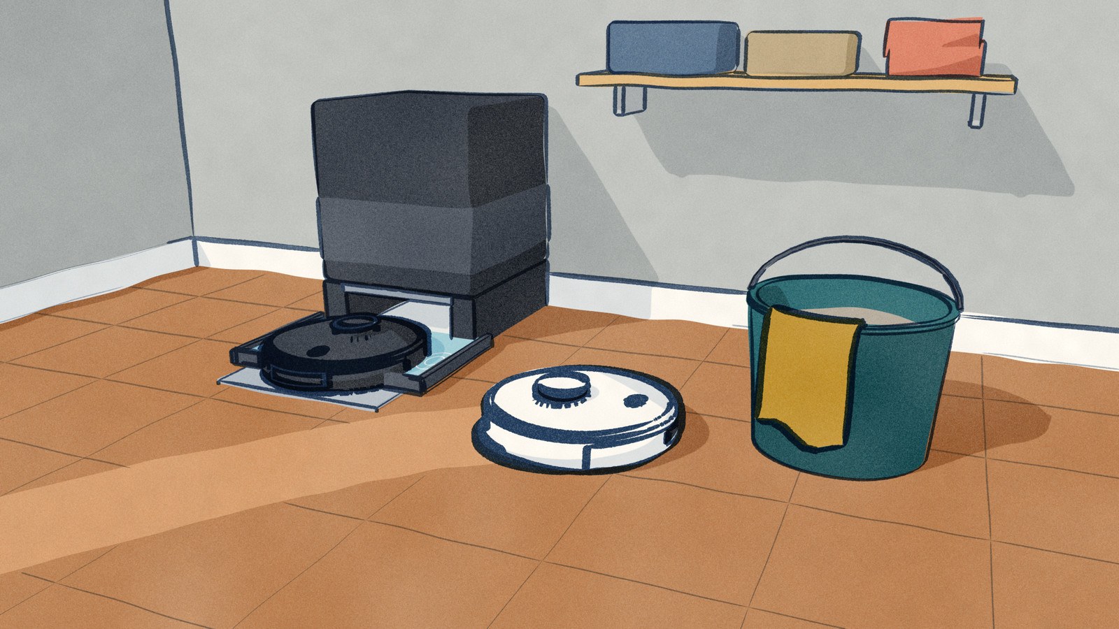 In a utility room, a black Dreame D30 Ultra sits in the wash tray of its tall black dock, clean water rippling round it, while a white Dreame Z10 Pro mops across the tiles toward a bucket of grey water with its spare mop cloth hung over the rim.