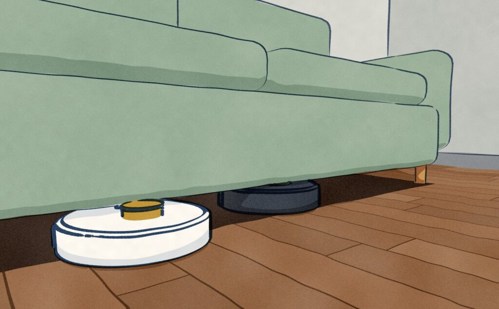 A black robot vacuum with its LiDAR lowered flush has slid most of the way under a low green sofa, while a white robot vacuum beside it is stuck half under, its raised gold LiDAR turret against the sofa's edge.