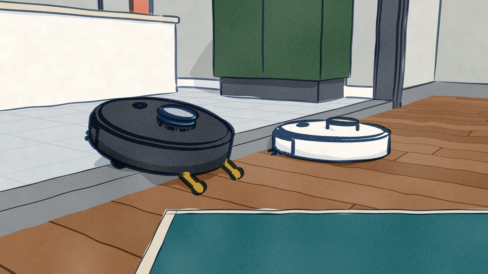 A black robot vacuum rides nose-up over a raised stone door saddle into a bathroom, pushed up by two small legs on the bedroom boards behind it, while a white robot vacuum beside it waits with its bumper against the saddle.