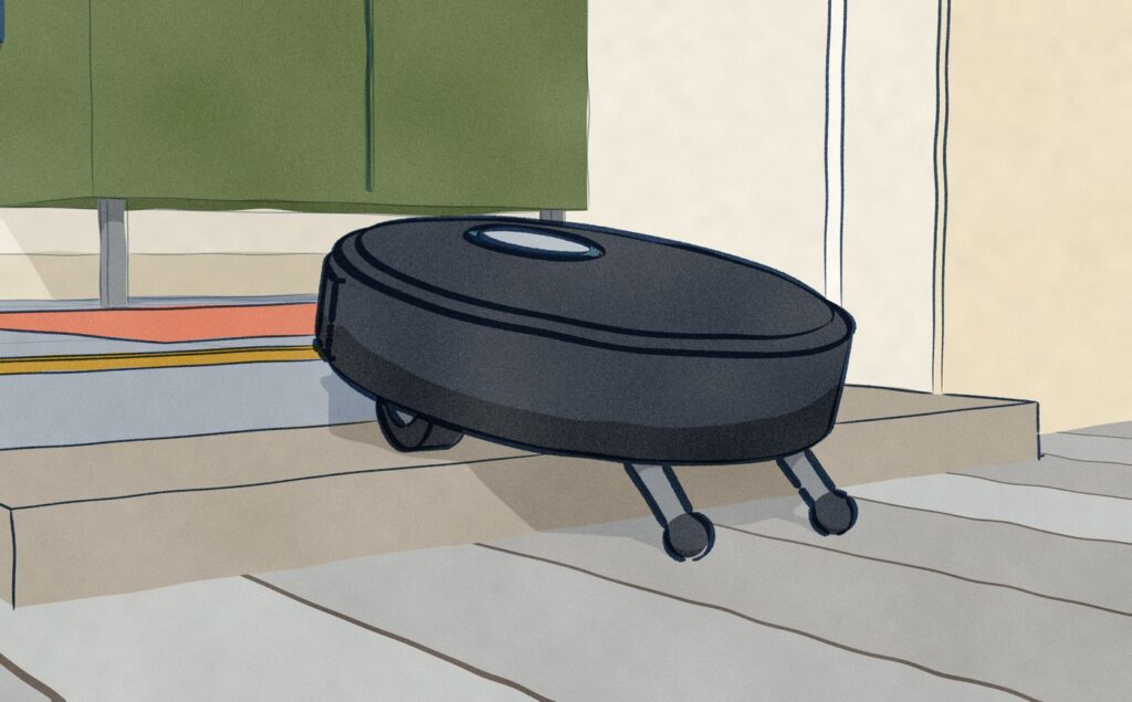 At an en-suite door, the black Dreame X60 climbs the two-tier step up from the bedroom: nose up, drive wheels on the stone saddle, two small legs pushing down on the boards behind it.