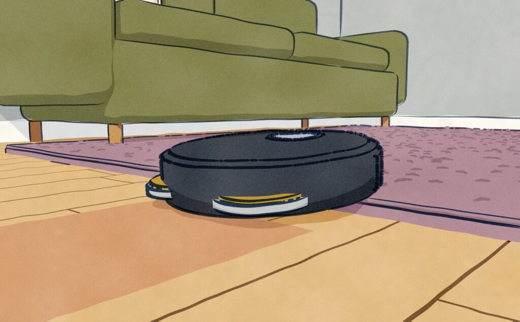 Close at floor level, a black robot vacuum climbs onto a thick mauve rug with both of its mop pads lifted clear of the boards; its wet track on the floorboards stops at the rug, and a sofa stands beyond.