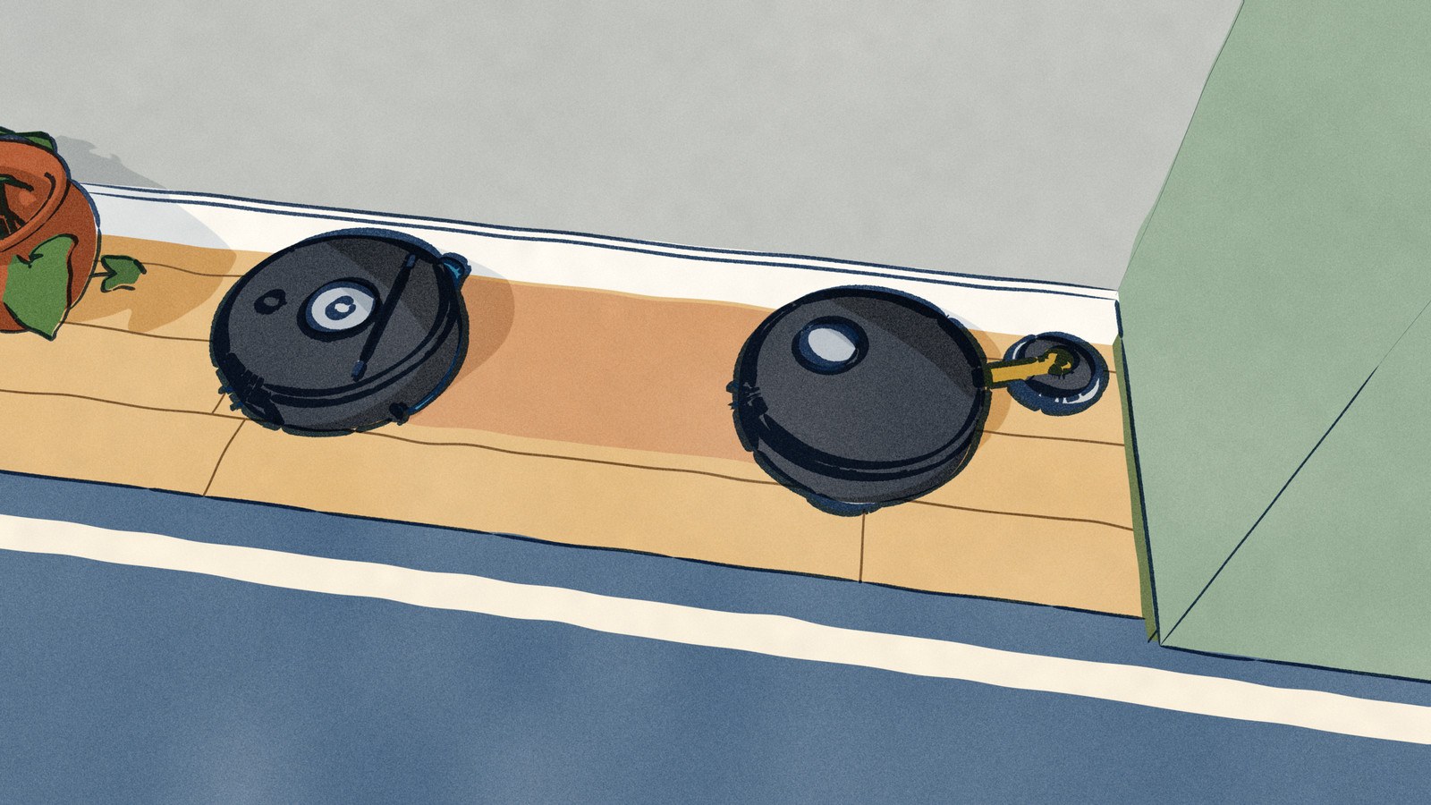 In a hallway, a black robot vacuum swings its mop pad out on a long arm into the corner beside a tall coat cupboard, while a second black robot rolls along the skirting toward it with its blue roller slid out to the wall, leaving a wet stripe on the boards.