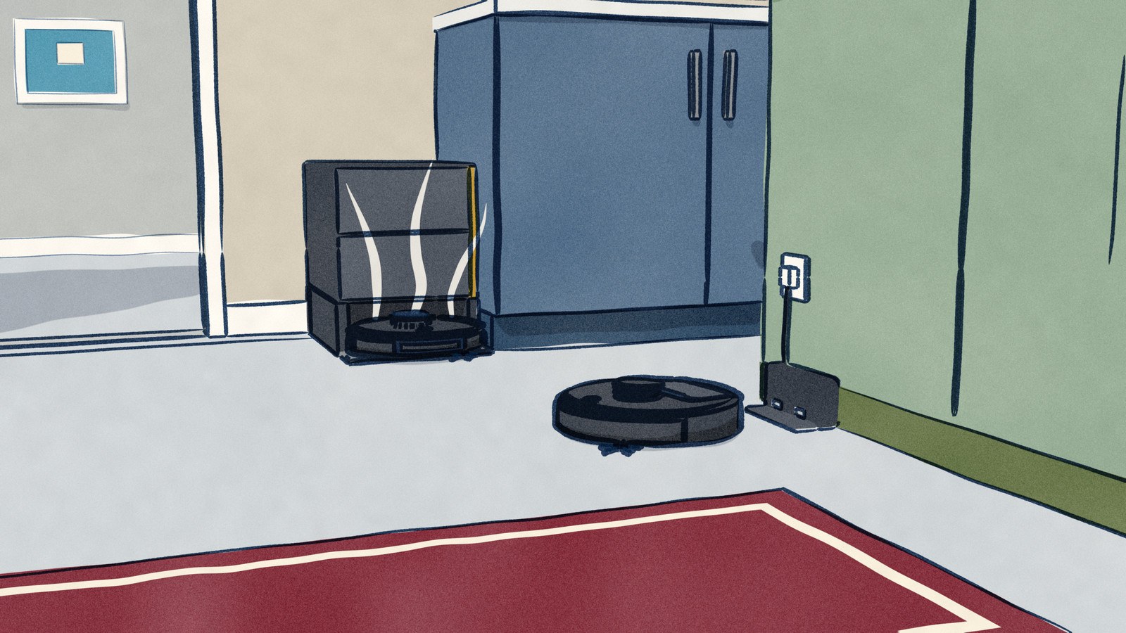 Low on a kitchen floor: the black Dreame X60 Ultra Extreme sits in its tall black-glass dock with thin steam rising from the bay, while nearer, at the foot of the island, the Ecovacs Neo 4.0 backs onto a charging base barely taller than itself.