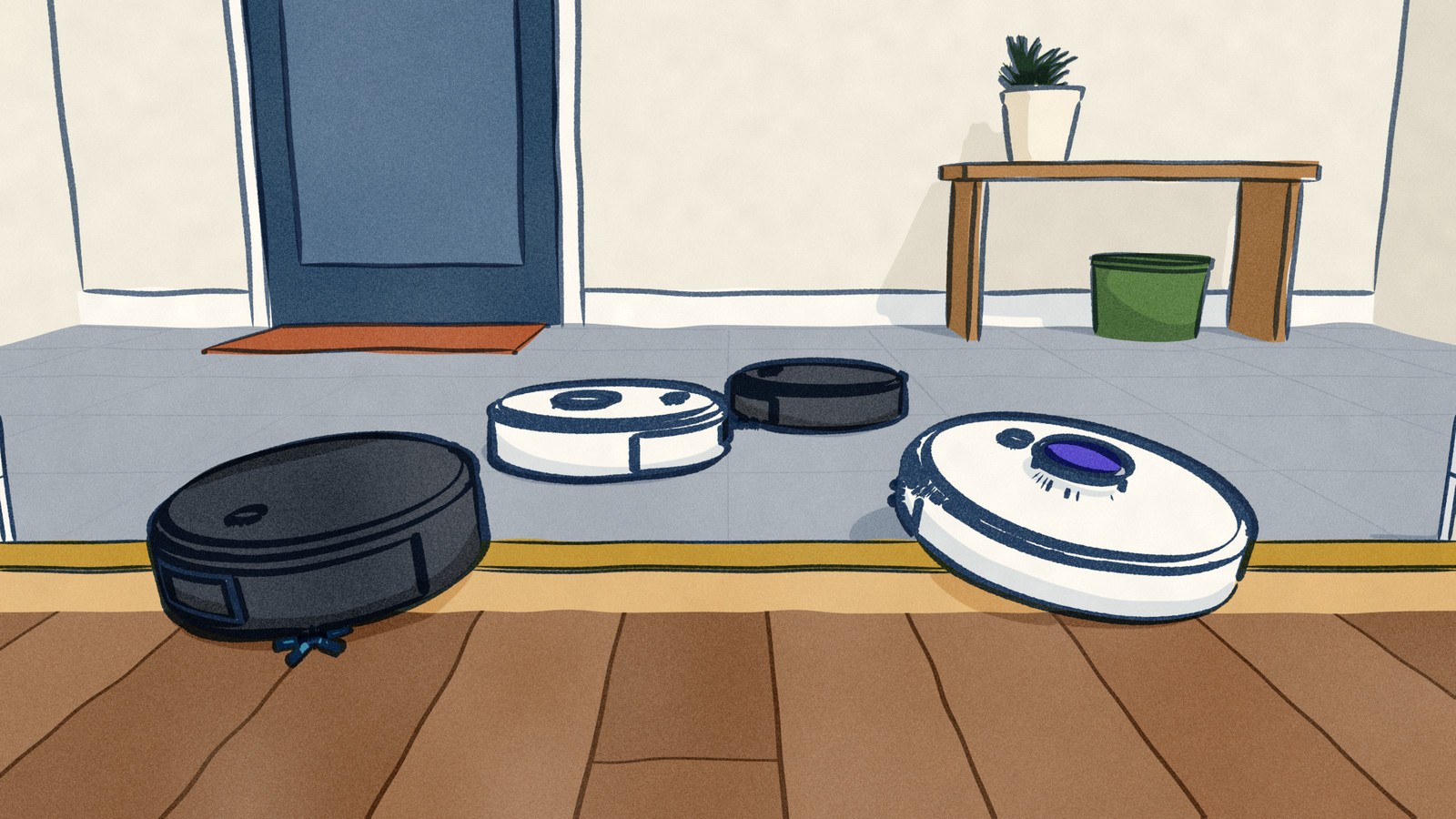 At floor level in a living room doorway, a white robot vacuum climbs nose-up onto a raised, brass-capped saddle into the hall while a black one comes down off it onto the boards; beyond, another white robot and another black one clean the hall tiles.