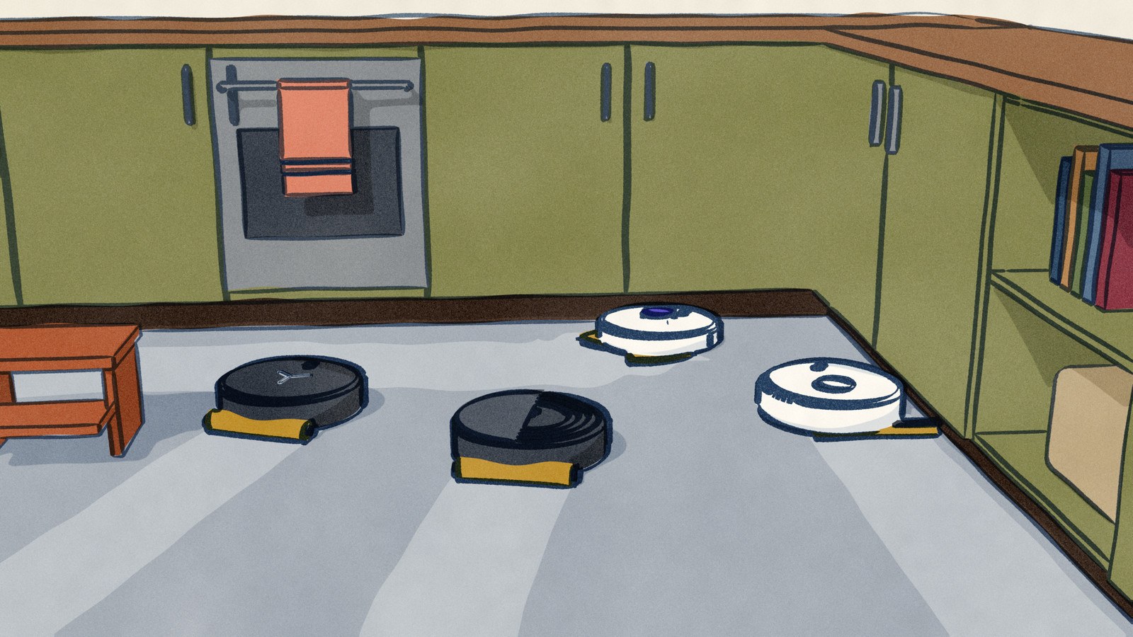 Four robot vacuum-mops mopping one kitchen floor at once, seen from behind: two black robots trail straight roller-mop lanes across the floor, a white Dyson pushes two triangular pads along the cabinets toward the corner, and a white Narwal slides its track mop out under the cabinet doors.