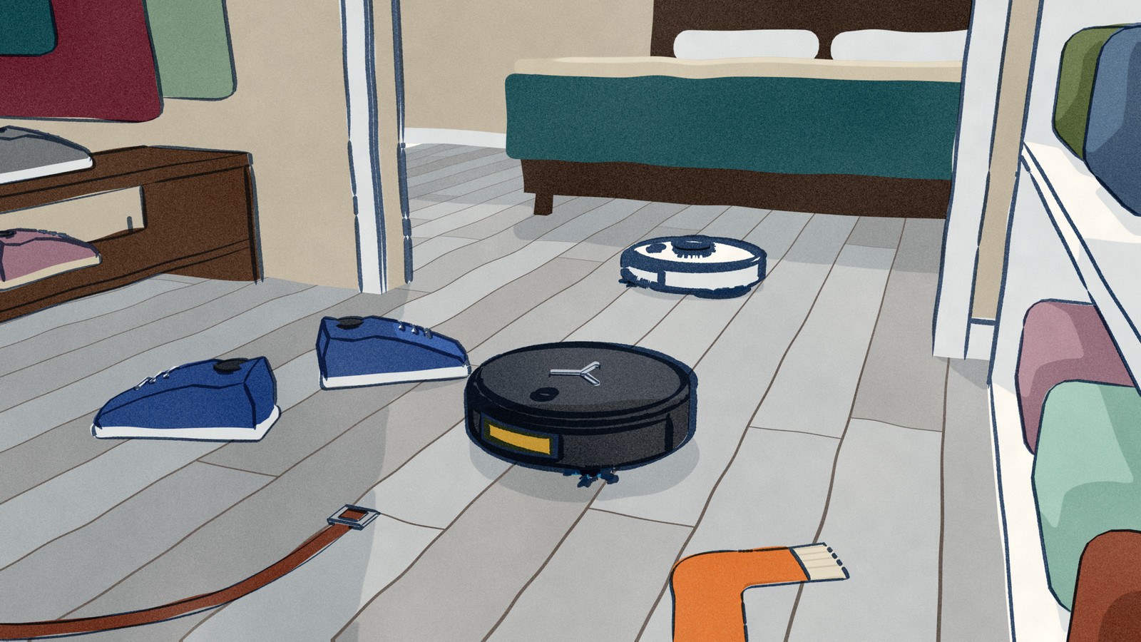In a walk-in wardrobe, the black Ecovacs T80S threads between kicked-off trainers, a loafer and a dropped belt, its front camera window toward a shoe, while through the doorway the white MOVA E50 with its laser turret mops the clear bedroom floor.