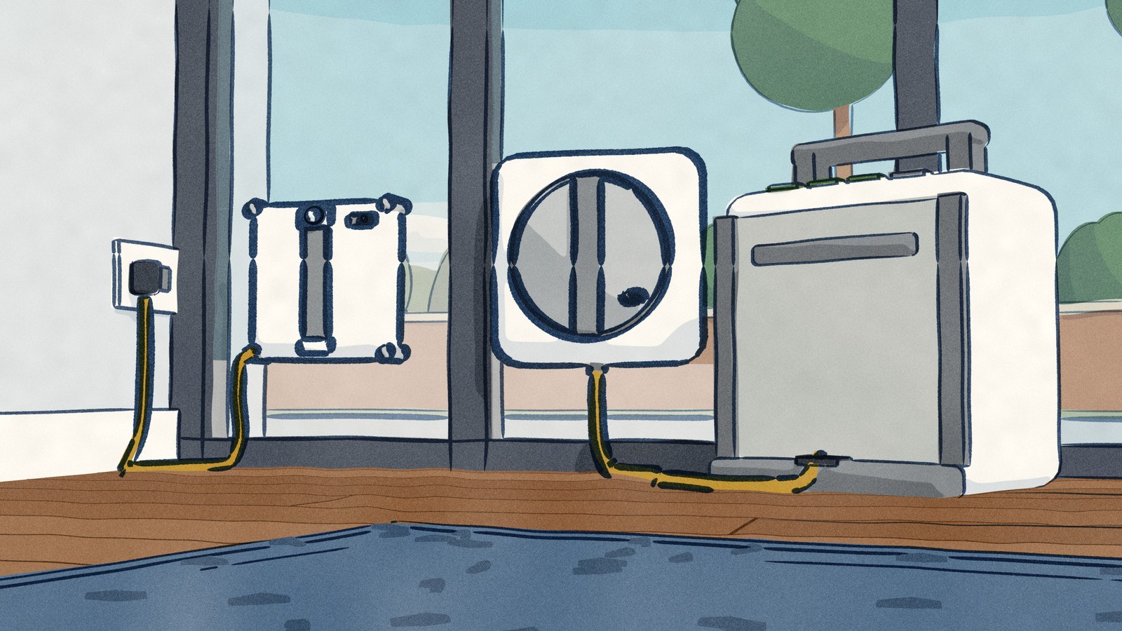 Seen from the floor of a room with a floor-to-ceiling glass wall, the Ecovacs Winbot Mini 2 cleans the pane in the corner with its cord running down, along the skirting and up into the outlet on the wall beside it, while the Winbot W2S Pro Omni cleans further along the glass on a cable that crosses the floor to its battery station, plugged into nothing.