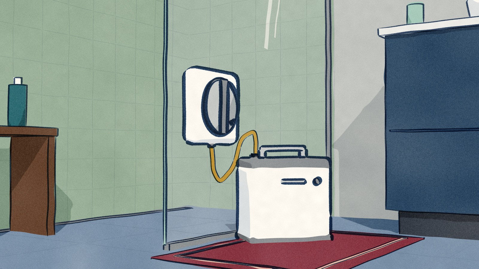 A square white window robot cleans a frameless glass shower screen near its bare edge, its one cable looping down to a white battery station standing on the bath mat, with nothing plugged into the wall.
