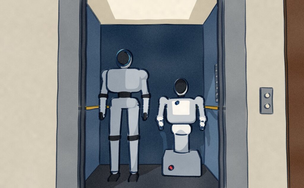 Inside the hotel lift with its doors open, the tall Unitree H2 and the shorter, wheeled Dobot Atom stand side by side against a brass handrail, the H2's head close under the door head and the Atom's well below it.