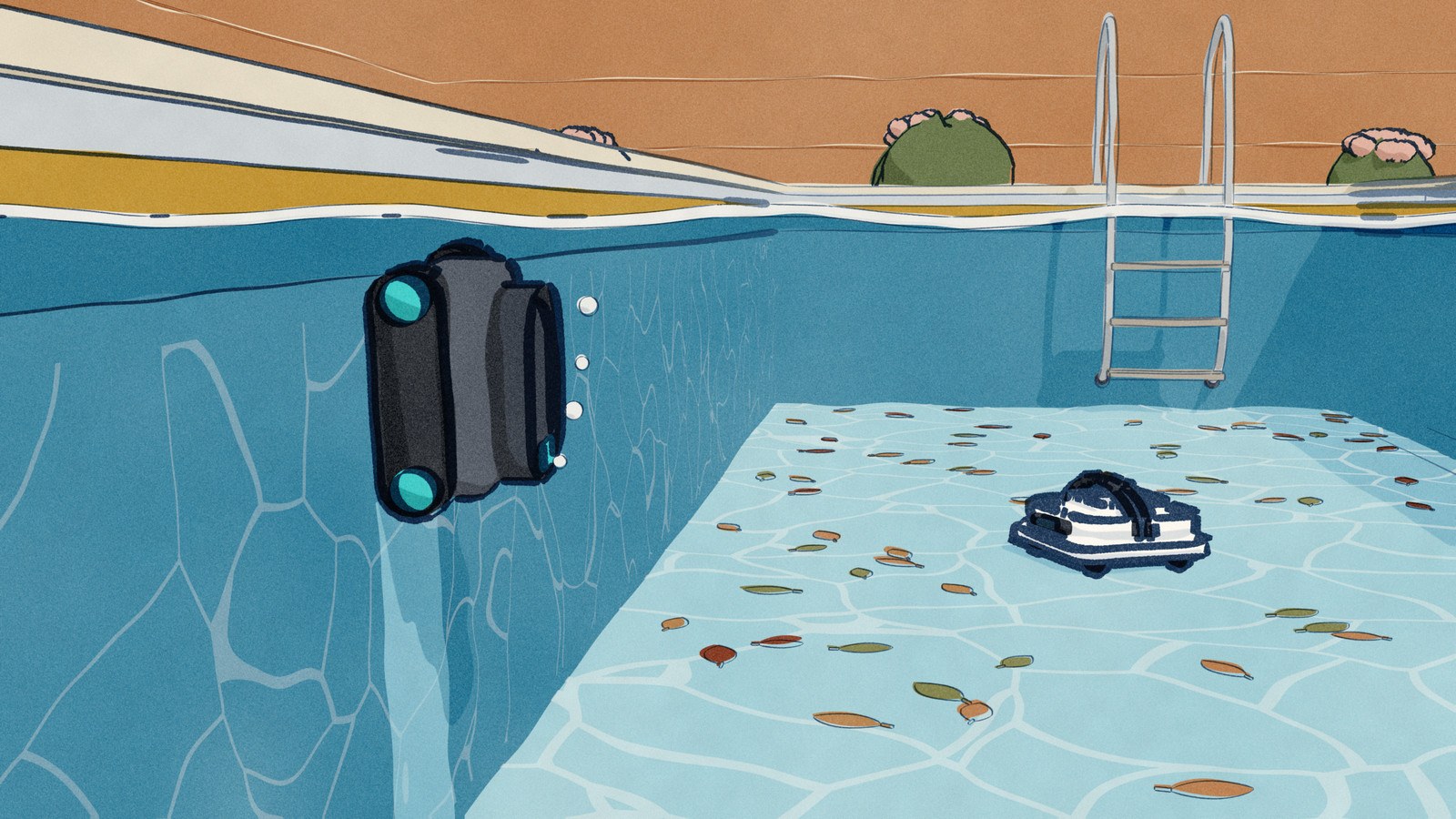 Seen half under and half over the water of a pool, a charcoal robot climbs the side wall up to the waterline tiles while a white robot cleans the floor below among sunk leaves.