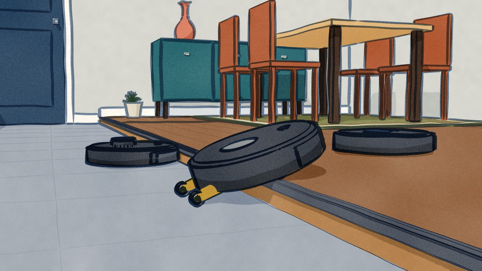 Seen from low on the kitchen floor, three black mop robots at the step up from a tiled kitchen into a raised dining room: one Dreame climbs it on its gold lift legs, the other Dreame is already on the boards, and the eufy waits on the tiles with its bumper against the step.