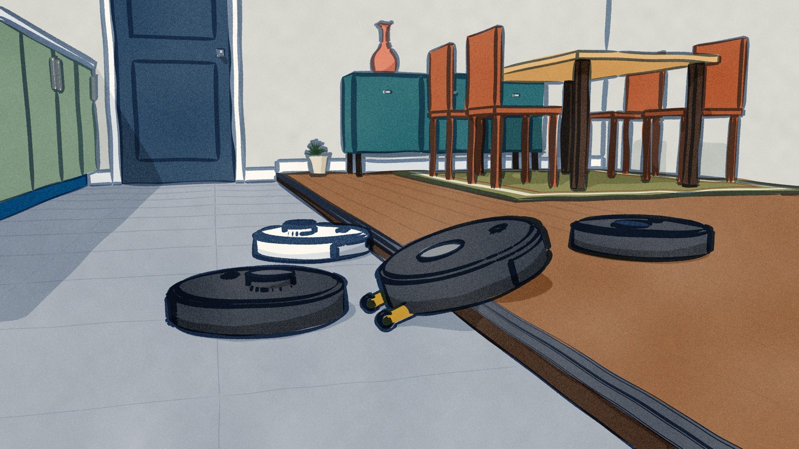 Seen from low on the kitchen floor, four mop robots at the step between a tiled kitchen and a raised dining room: one black Dreame climbs it on its lift legs and the other is already on the boards, while a white Samsung waits with its bumper on the step and a black eufy has turned back across the tiles.