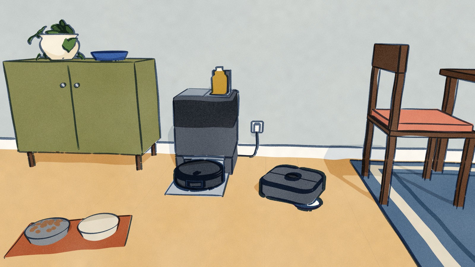 In a dining room a black round robot vacuum sits in its tall dock, whose top hatch is open with the cleaning-solution cartridge lifted out, while a dark square-cornered robot vacuum mops the boards beside it with one pad swung out.