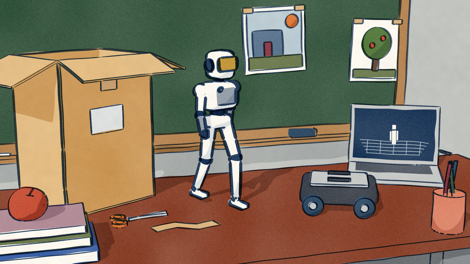 A half-metre humanoid robot walks across a teacher's desk out of its opened shipping carton, its wheeled base and a laptop beside it, under a classroom chalkboard.