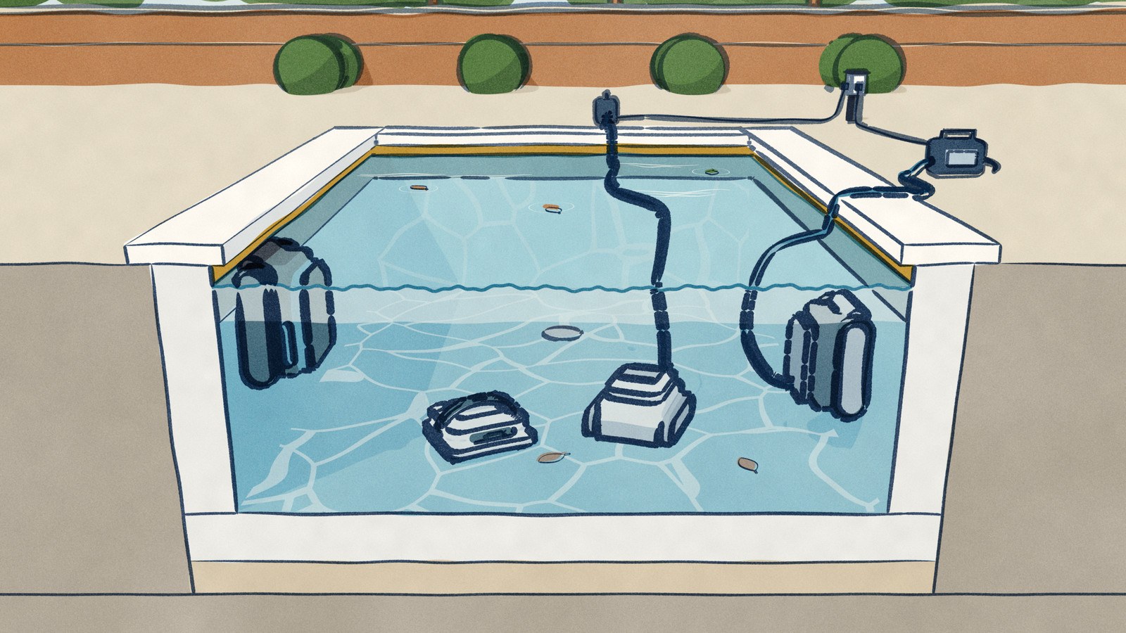 A backyard pool cut open across its width: two white pool robots work the floor, a grey one climbs the right-hand wall trailing its blue cable, and a black one is up the left-hand wall with its brush on the waterline tiles.