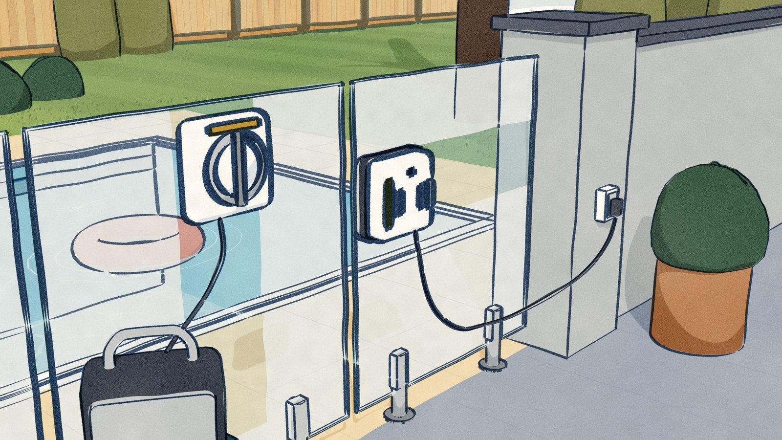 Two window-cleaning robots on a dusty frameless glass pool fence: an Ecovacs Winbot has cleaned a column up to the bare top edge of a panel and holds there, and a HOBOT on the next panel has cleaned a row up to the open gap between the panels and stopped, with the pool beyond the glass.