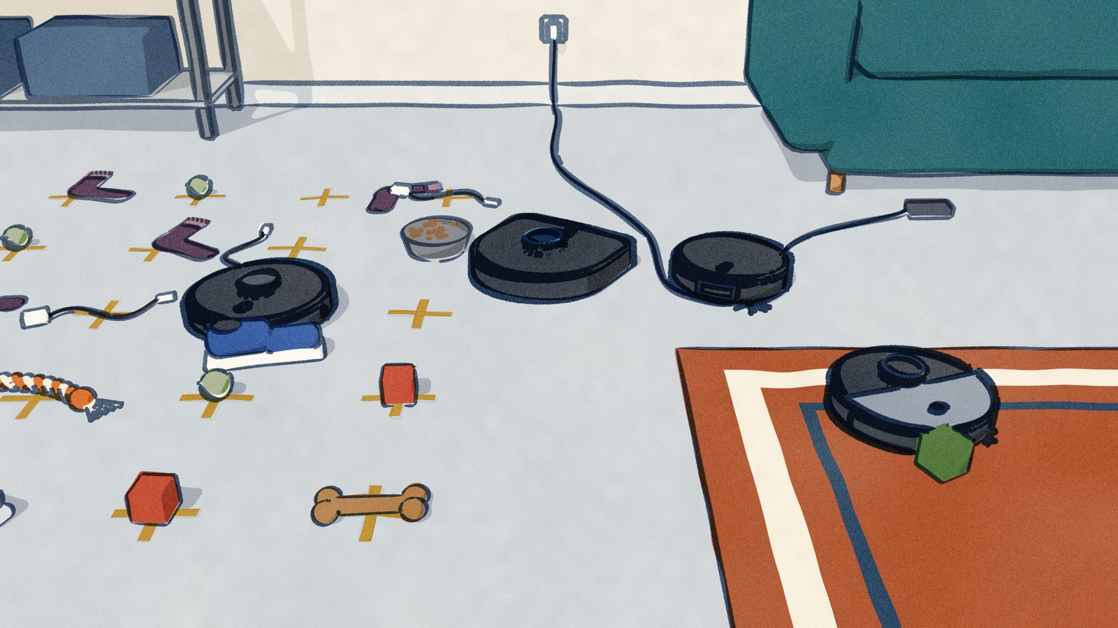 In a test lab, a Roborock Qrevo S Pro has shoved its way down an obstacle course of shoes, socks, bowls and cables laid on taped crosses while a Bissell steers round a bowl; in a mock living-room corner a Roomba drags a charger cable and an Ultenic MX50 pushes a toy block along the rug.