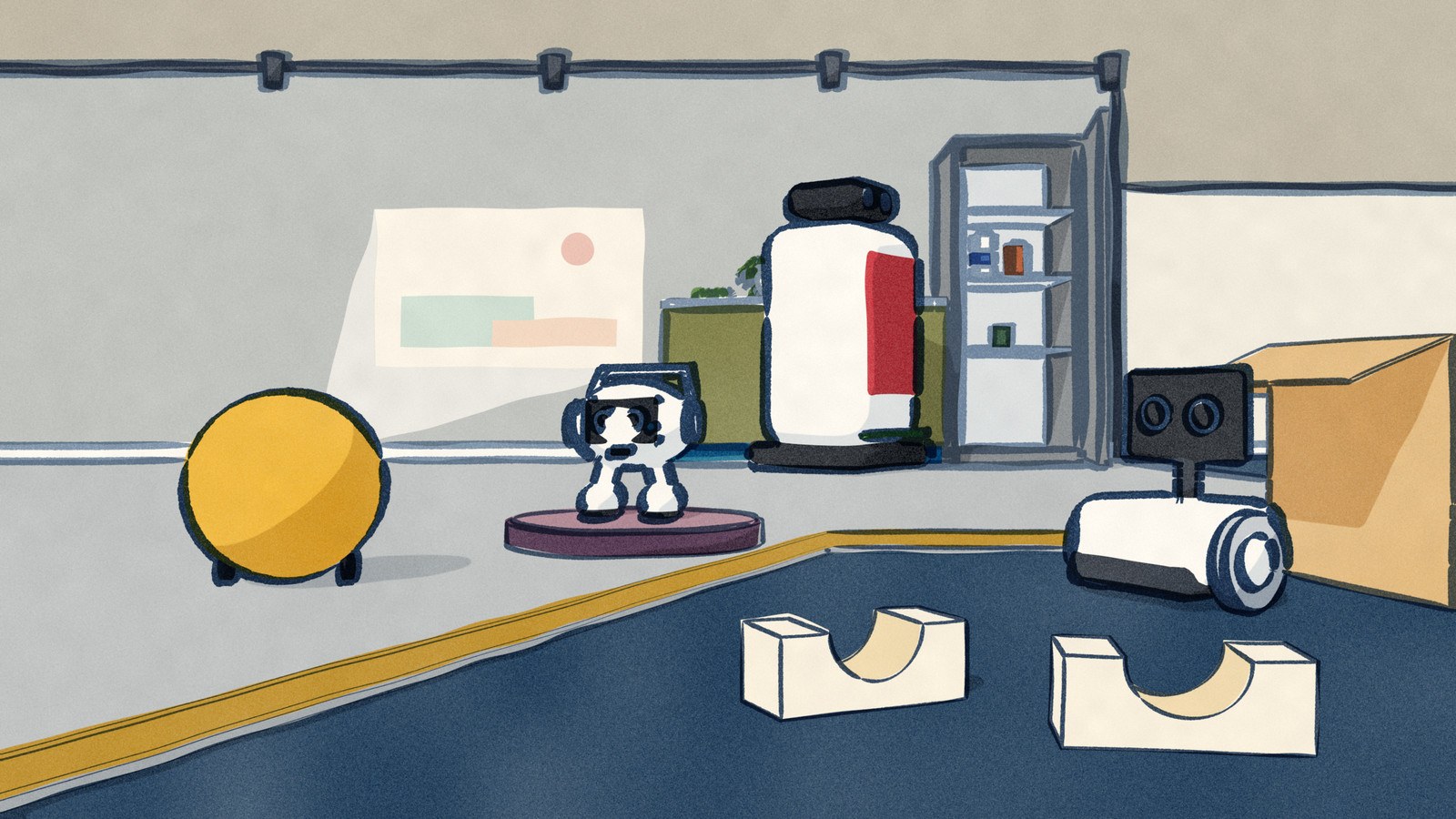 On a trade-show stand dressed as a kitchen, a yellow Samsung Ballie projects a picture onto the back wall, an LG Q9 stands on a display turntable and a tall LG CLOiD waits at an open fridge, while down in the aisle an Amazon Astro rolls away from its opened shipping carton.