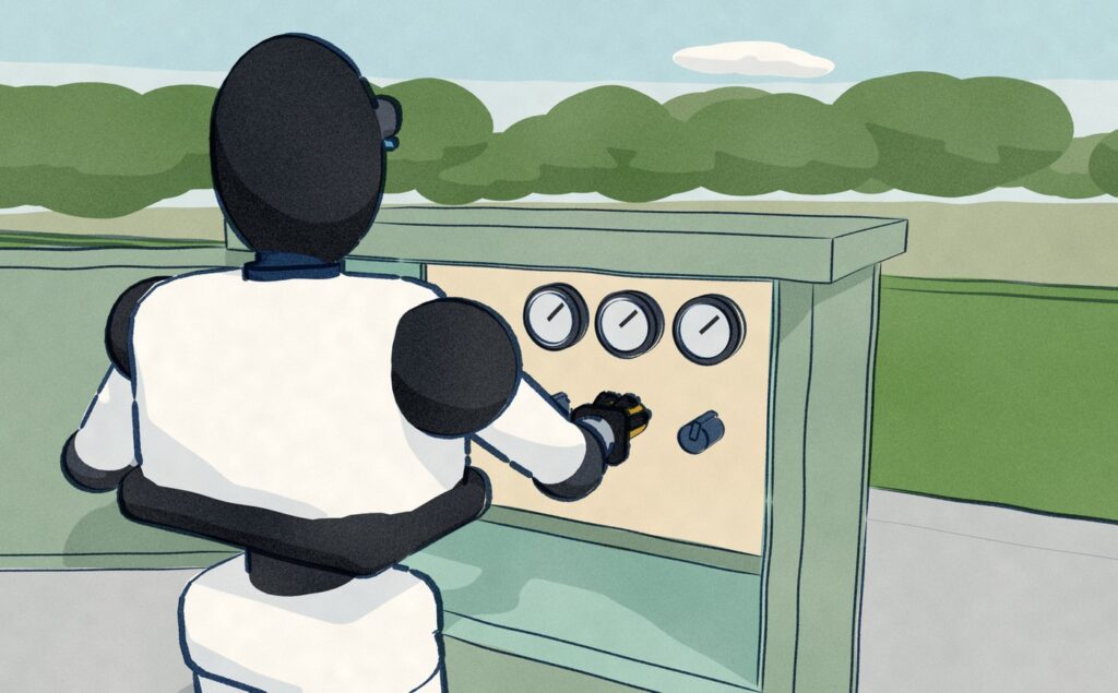 Close on the Tiangong 3.0 turning one small knob inside an open utility cabinet with its five-fingered hand.