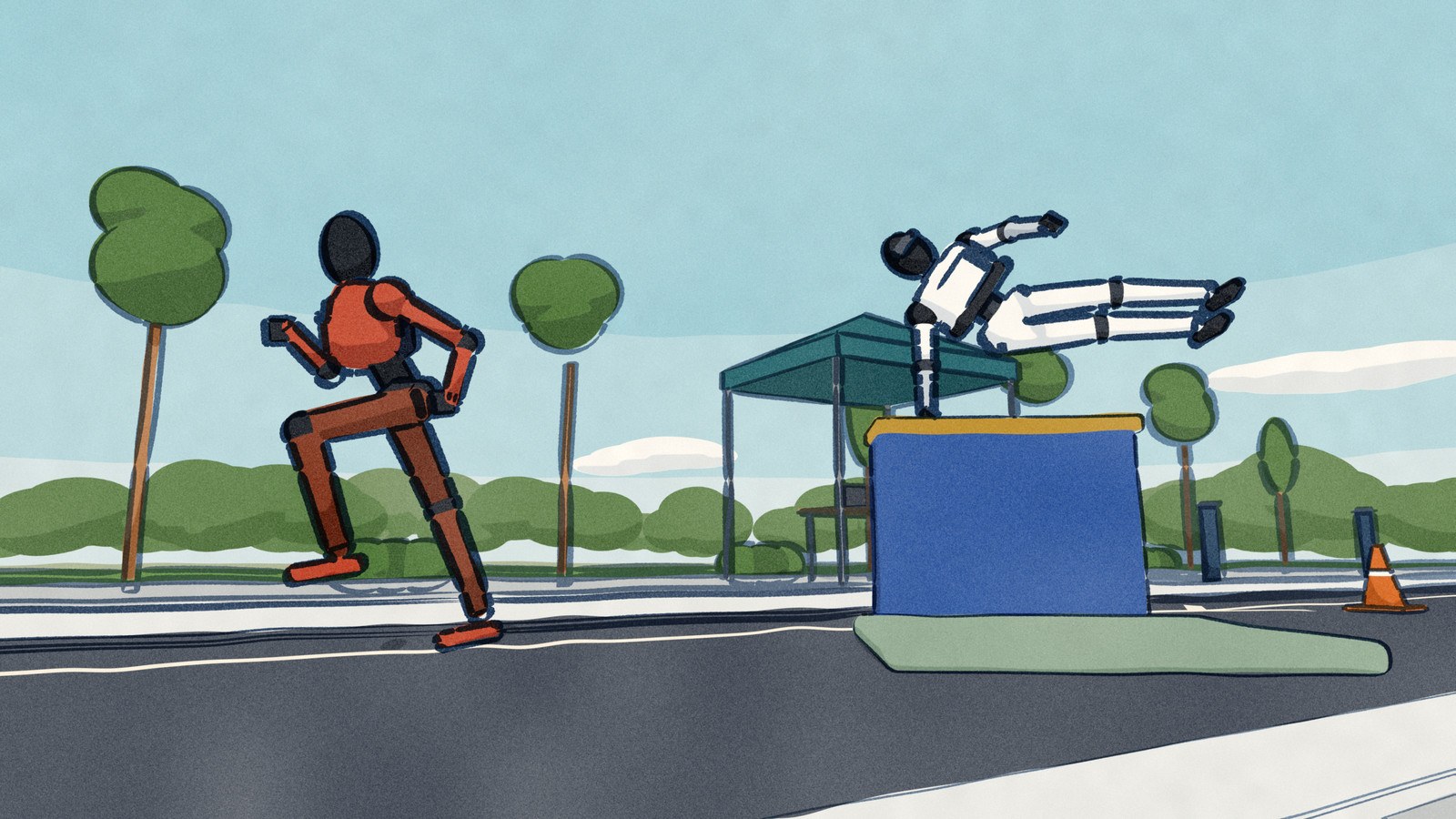 On a closed tech-park road the red Honor D1 Lightning sprints along a painted course line, while in the near lane the white Tiangong 3.0 vaults one-handed over a 1 m padded box.