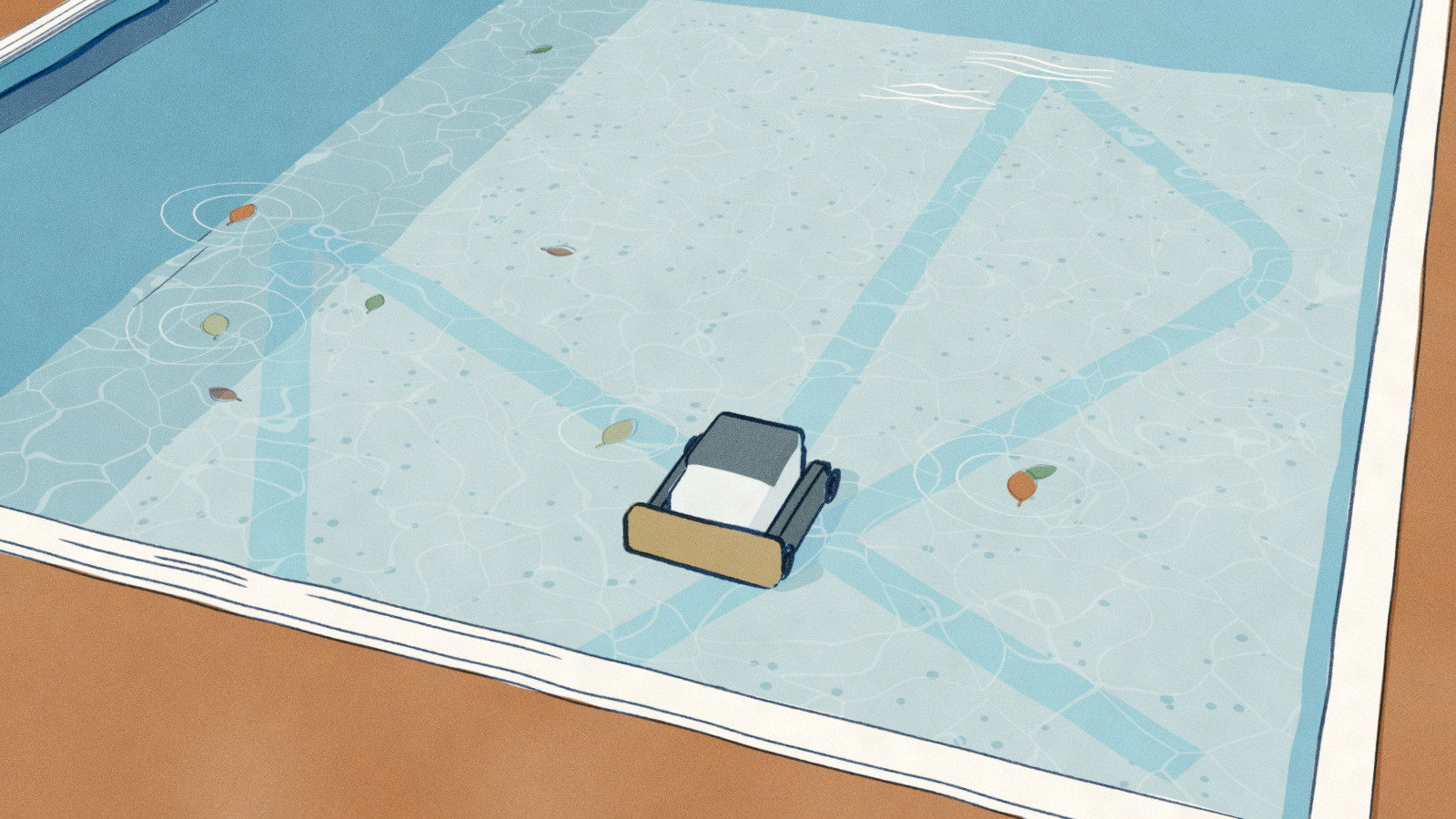 Seen from above through clear water, a pool floor dusted with fine silt shows the pool robot's clean trail in straight runs that bounce off the walls at random angles, while the far corner stays dusted.