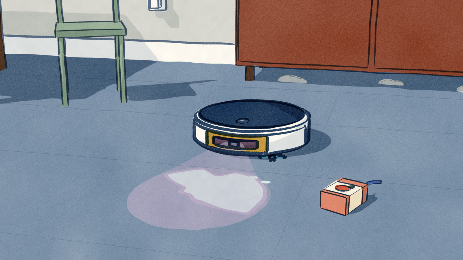 A robot vacuum crosses a dining room floor with a violet lamp in its bumper; in the small pool of light just ahead of it a dried juice spill glows, while an empty juice box lies on the tiles nearby and dust sits untouched under the sideboard.