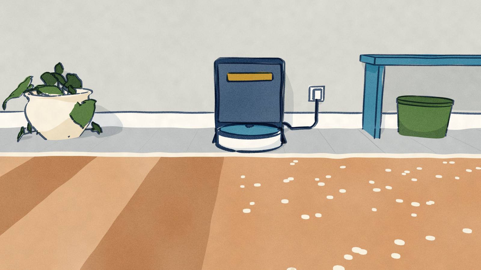 Seen low across a big rug, the left half is combed into fresh vacuum stripes that end at one straight edge, the right half still has crumbs on it, and the robot sits on its dock against the far wall at the end of that edge, charging before it returns to the line.