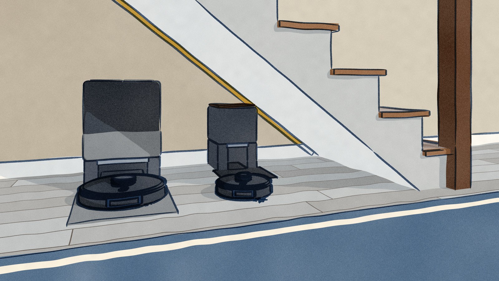Under the stairs of a front hall, the small SwitchBot K11+ dock fits under the low end of the slope while its robot reverses home across the boards, and the Roborock Qrevo S Pro backs up the ramp of its tall wash tower where the stairs are higher.