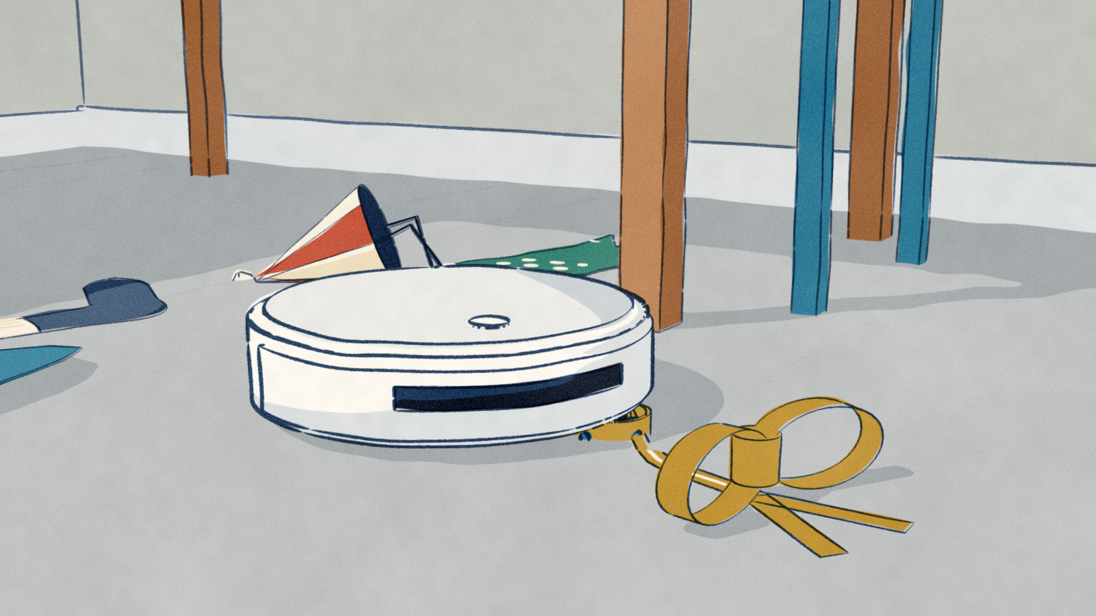 The morning after a birthday: a robot vacuum has swung round a sock on the floor but is winding a length of curling gift ribbon into its side brush, among torn scraps of spotted wrapping paper, a balled-up sheet and a fallen striped party hat.