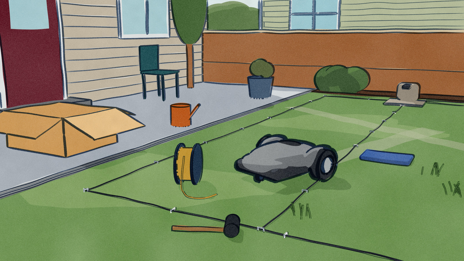 A grey Husqvarna robot mower makes its first pass across a back lawn ringed by freshly pegged boundary wire, with a reel of leftover wire, a kneeling pad and a mallet left at the lawn's edge.