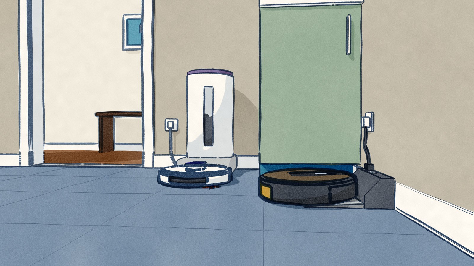 In a kitchen corner a white Dyson robot vacuum sits docked in its tall round tower, whose narrow window shows the dust it has emptied into it, while a black Roomba sits on its small dark charging base across the corner, its dust bin still in the robot.