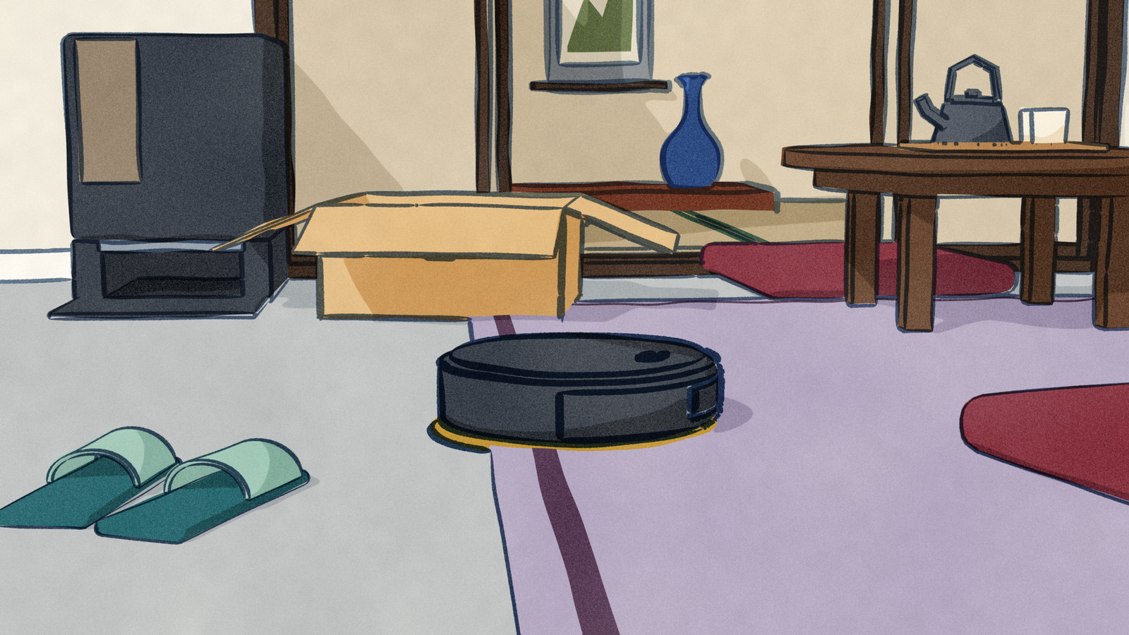 A black round robot vacuum rolls off the oak floor onto a lavender rug in a Japanese living room, its skirt lowered onto the pile, between its black wash dock, an opened delivery box and a low tea table with floor cushions, in front of sliding paper doors opened on a tatami room with a hanging scroll and a vase.