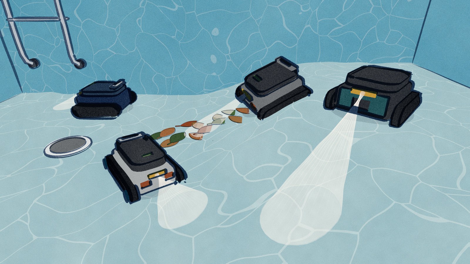 Under the water in a backyard pool, four pool robots at work across the deep end and the slope up to the shallow floor, each with a pale cone of sight from its front sensor resting on what it is reading: the floor under a hanging ladder, the floor ahead, a trail of sunk leaves and the slope below.