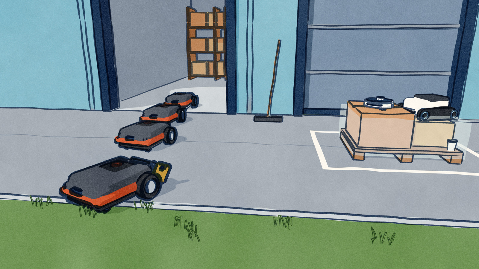 At a warehouse loading bay, four grey and orange robot mowers roll out in a line through an open roller door toward a grass verge, while at the shut door beside it a pool robot and a robot vacuum wait on a pallet.