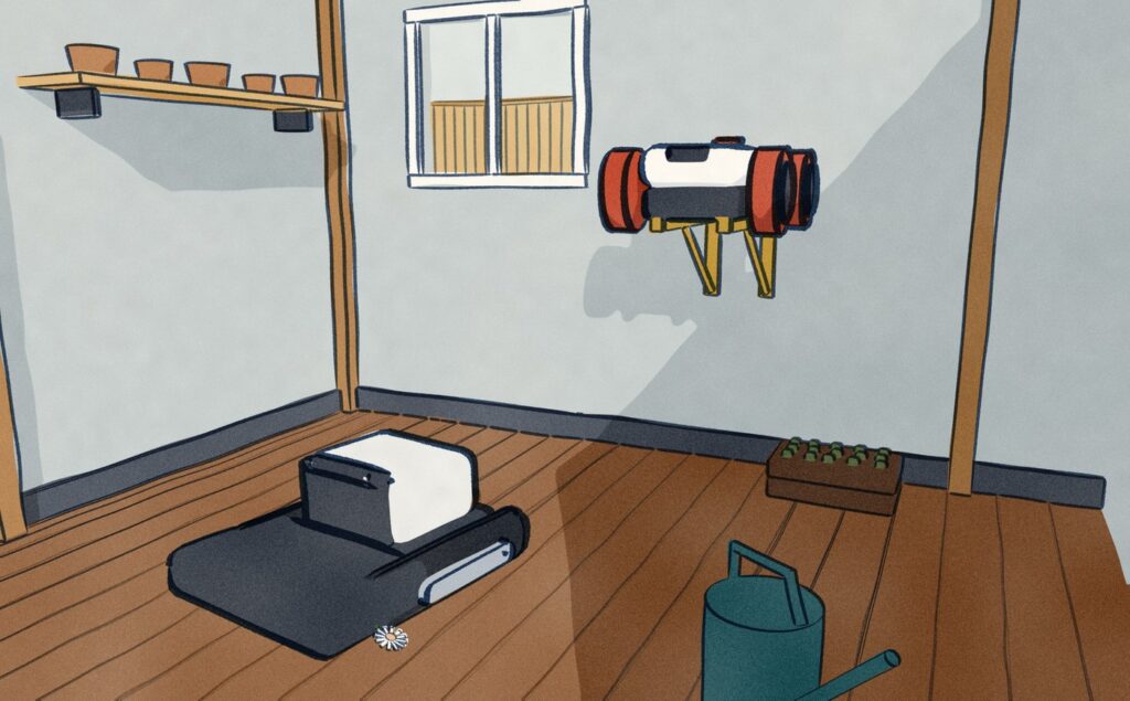 Inside a garden shed, the white and red Kress mower rests up on a wall bracket while the heavy black tracked Lymow stands on the floorboards below, a daisy caught in its track.