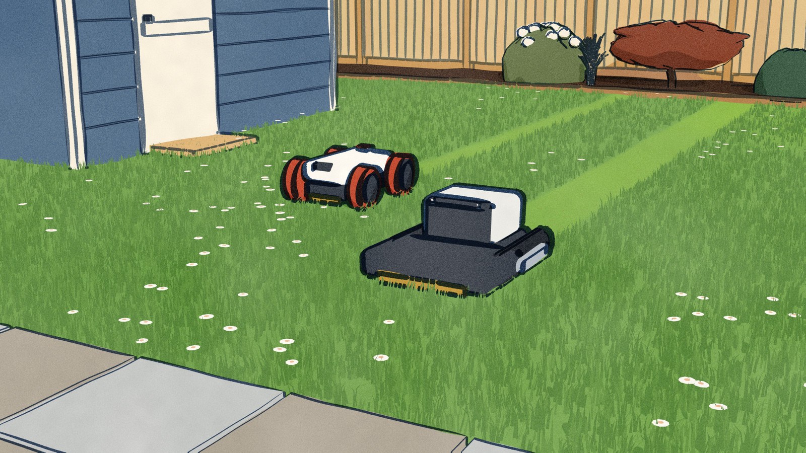 On a spring back lawn left long and full of daisies, the black tracked Lymow One Plus and the white and red Kress KR282 each come down a fresh lane they have just cut, the Lymow's lane nearly twice as wide.